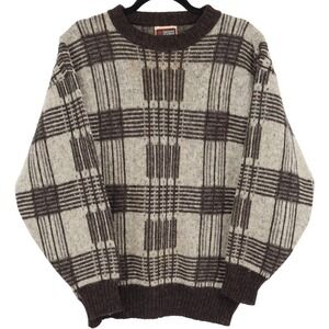 Samband of Iceland Size S Brown Vintage Pure New Wool Plaid Crew Neck Sweater